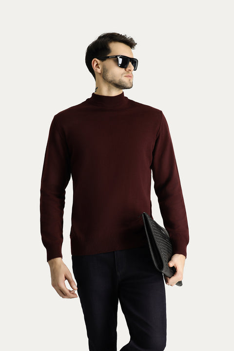 Koyu Bordo Yarım Balıkçı Yaka Slim Fit Dar Kesim Pamuklu Triko Kazak