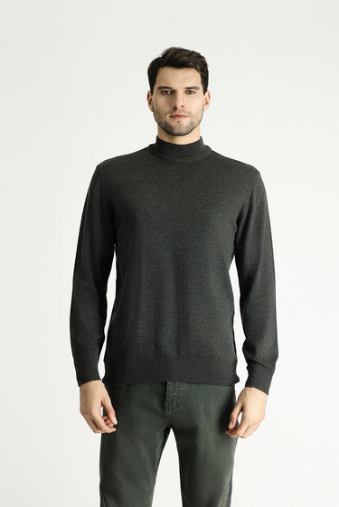  Koyu Antrasit Yarım Balıkçı Yaka Slim Fit Dar Kesim Pamuklu Triko Kazak