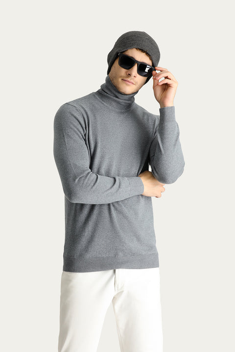 Medium Grey Melange Turtleneck Regular Fit Cotton Knit Sweater