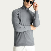 Orta Gri Melanj Balıkçı Yaka Regular Fit Pamuklu Triko Kazak