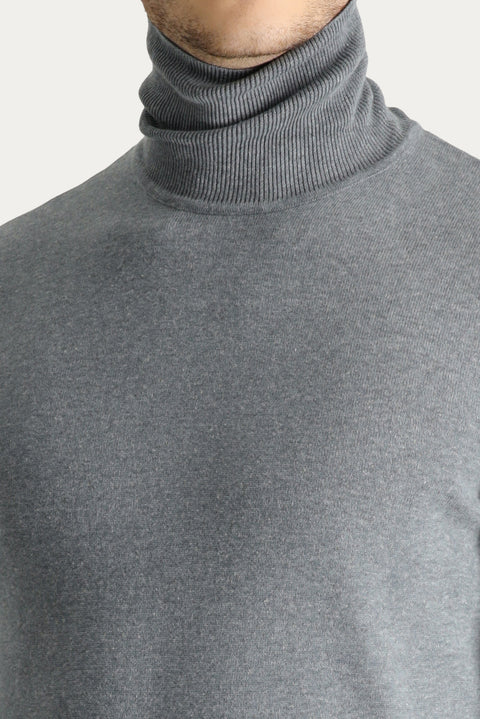 Orta Gri Melanj Balıkçı Yaka Regular Fit Pamuklu Triko Kazak