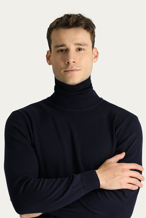 Koyu Lacivert Balıkçı Yaka Regular Fit Pamuklu Triko Kazak