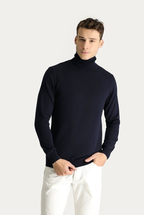 Koyu Lacivert Balıkçı Yaka Regular Fit Pamuklu Triko Kazak