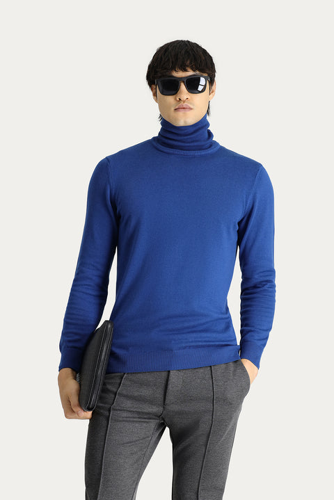 Indigo Turtleneck Regular Fit Cotton Knit Sweater