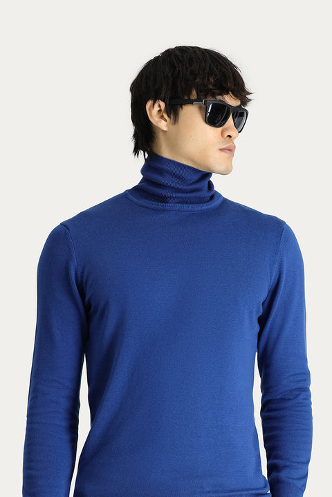 Indigo Turtleneck Regular Fit Cotton Knit Sweater