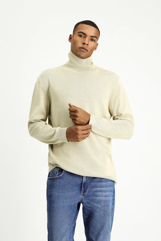  Orta Bej Balıkçı Yaka Regular Fit Pamuklu Triko Kazak