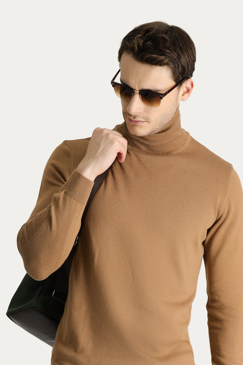 Camel Turtleneck Regular Fit Cotton Knit Sweater