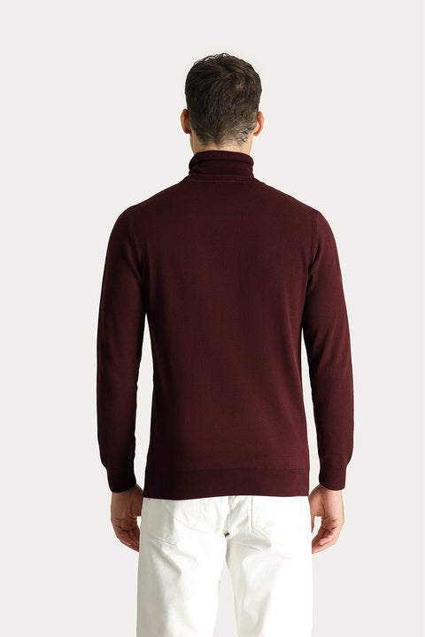 Koyu Bordo Balıkçı Yaka Regular Fit Pamuklu Triko Kazak