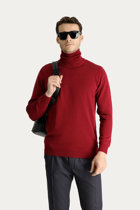 Dark Red Turtleneck Regular Fit Cotton Knit Sweater