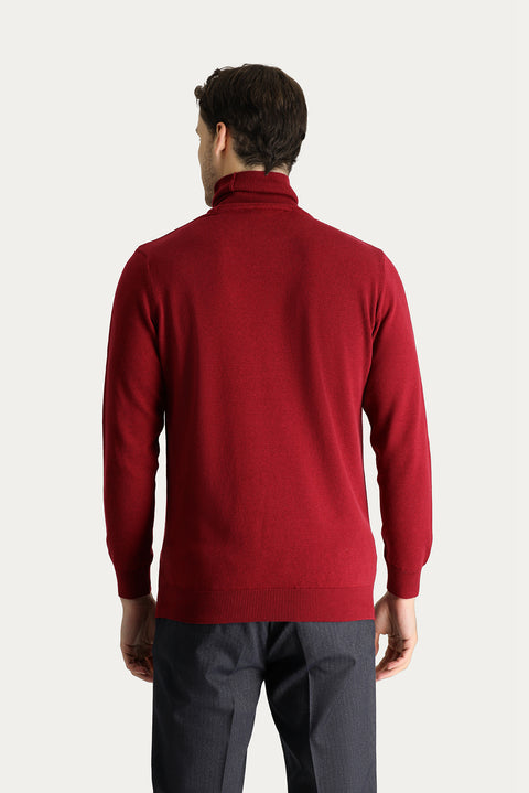 Dark Red Turtleneck Regular Fit Cotton Knit Sweater