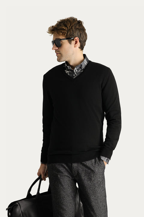 Black V-Neck Regular Fit Cotton Knit Sweater