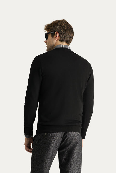 Black V-Neck Regular Fit Cotton Knit Sweater