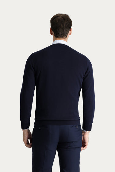 Koyu Lacivert V Yaka Regular Fit Pamuklu Triko Kazak