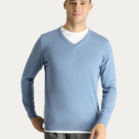 Havacı Mavi V Yaka Regular Fit Pamuklu Triko Kazak