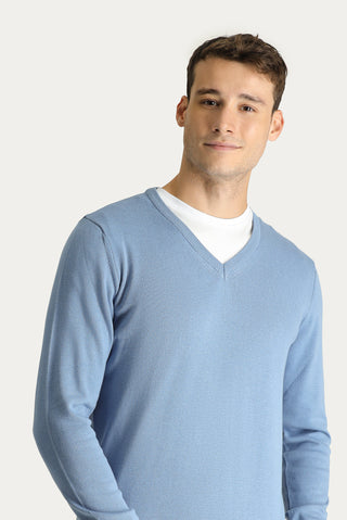  Havacı Mavi V Yaka Regular Fit Pamuklu Triko Kazak