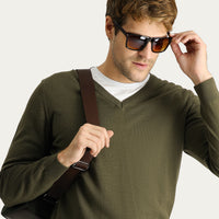 Orta Haki V Yaka Regular Fit Pamuklu Triko Kazak