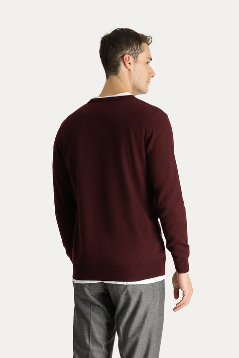 Koyu Bordo V Yaka Regular Fit Pamuklu Triko Kazak