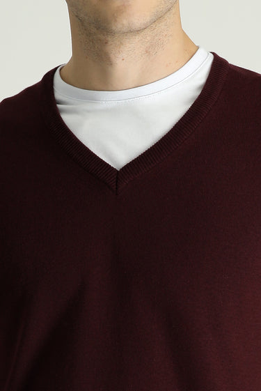  Koyu Bordo V Yaka Regular Fit Pamuklu Triko Kazak