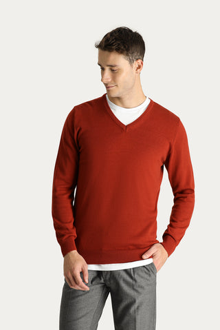  Kiremit V Yaka Regular Fit Pamuklu Triko Kazak