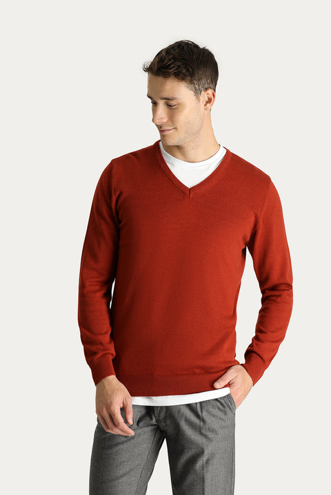 Kiremit V Yaka Regular Fit Pamuklu Triko Kazak