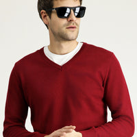 Koyu Kırmızı V Yaka Regular Fit Pamuklu Triko Kazak
