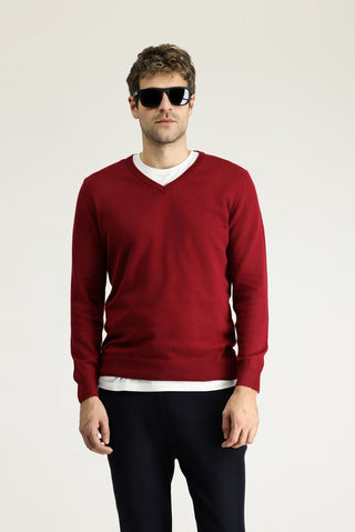  Koyu Kırmızı V Yaka Regular Fit Pamuklu Triko Kazak