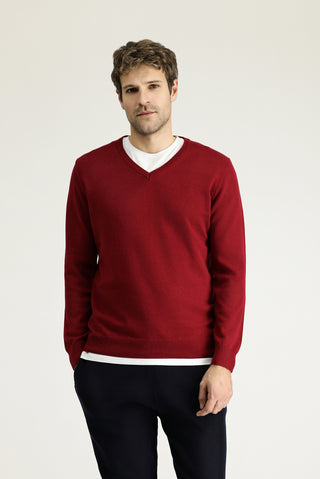  Koyu Kırmızı V Yaka Regular Fit Pamuklu Triko Kazak