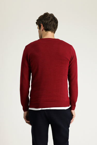 Koyu Kırmızı V Yaka Regular Fit Pamuklu Triko Kazak