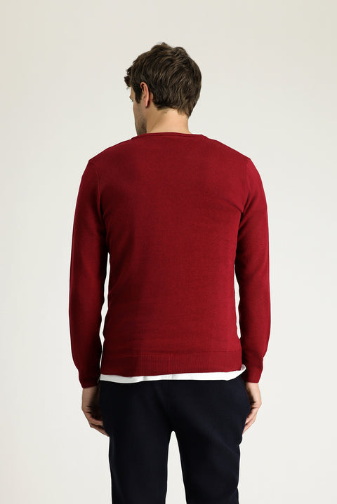 Koyu Kırmızı V Yaka Regular Fit Pamuklu Triko Kazak