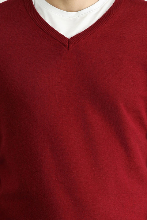 Koyu Kırmızı V Yaka Regular Fit Pamuklu Triko Kazak