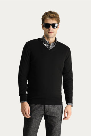  Siyah V Yaka Slim Fit Dar Kesim Pamuklu Triko Kazak