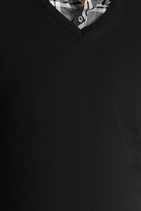 Siyah V Yaka Slim Fit Dar Kesim Pamuklu Triko Kazak