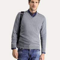 Orta Gri Melanj V Yaka Slim Fit Dar Kesim Pamuklu Triko Kazak