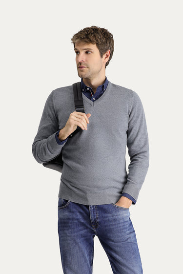 Orta Gri Melanj V Yaka Slim Fit Dar Kesim Pamuklu Triko Kazak