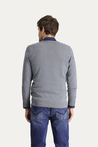  Orta Gri Melanj V Yaka Slim Fit Dar Kesim Pamuklu Triko Kazak