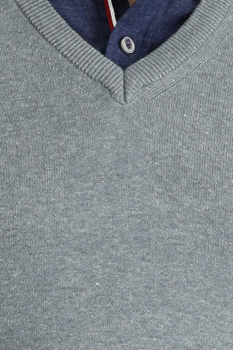 Orta Gri Melanj V Yaka Slim Fit Dar Kesim Pamuklu Triko Kazak