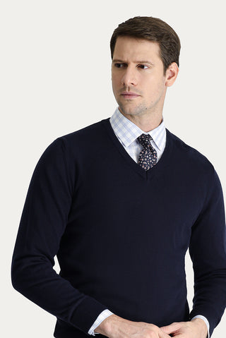  Koyu Lacivert V Yaka Slim Fit Dar Kesim Pamuklu Triko Kazak