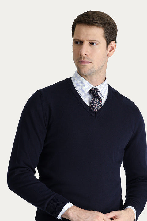 Koyu Lacivert V Yaka Slim Fit Dar Kesim Pamuklu Triko Kazak