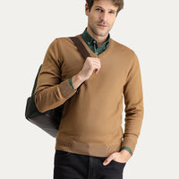 Camel V Yaka Slim Fit Dar Kesim Pamuklu Triko Kazak