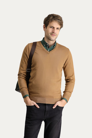  Camel V Yaka Slim Fit Dar Kesim Pamuklu Triko Kazak