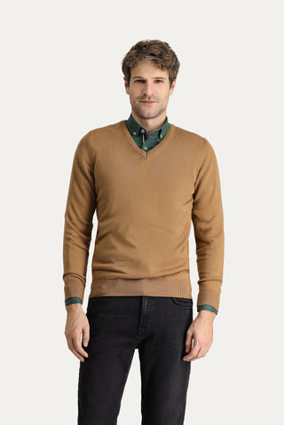  Camel V Yaka Slim Fit Dar Kesim Pamuklu Triko Kazak