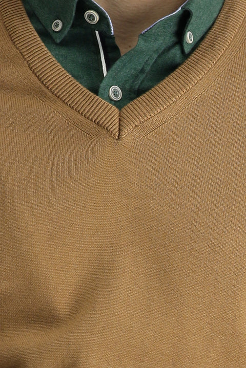 Camel V Yaka Slim Fit Dar Kesim Pamuklu Triko Kazak