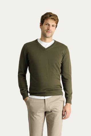  Orta Haki V Yaka Slim Fit Dar Kesim Pamuklu Triko Kazak