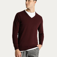 Koyu Bordo V Yaka Slim Fit Dar Kesim Pamuklu Triko Kazak