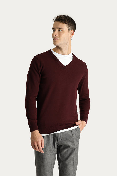 Koyu Bordo V Yaka Slim Fit Dar Kesim Pamuklu Triko Kazak