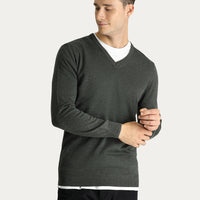 Koyu Antrasit Melanj V Yaka Slim Fit Dar Kesim Pamuklu Triko Kazak