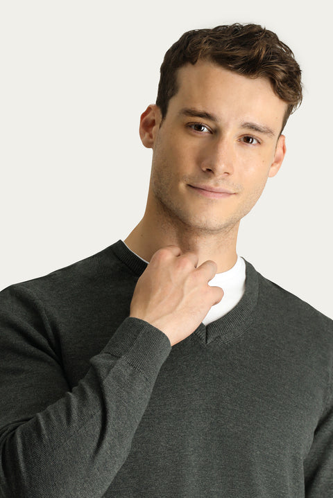 Koyu Antrasit Melanj V Yaka Slim Fit Dar Kesim Pamuklu Triko Kazak