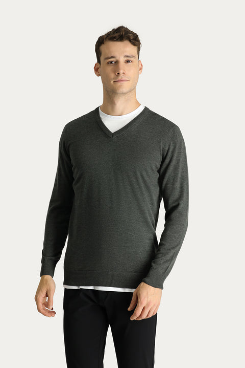 Koyu Antrasit Melanj V Yaka Slim Fit Dar Kesim Pamuklu Triko Kazak