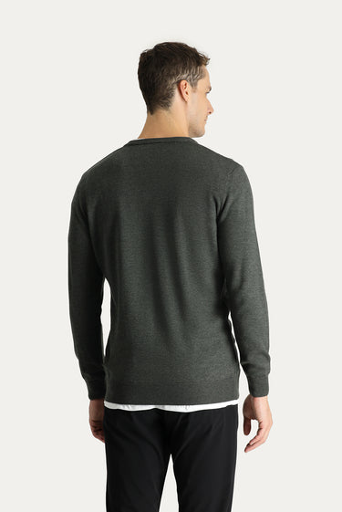 Koyu Antrasit Melanj V Yaka Slim Fit Dar Kesim Pamuklu Triko Kazak