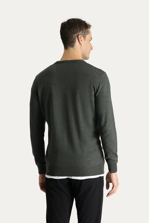 Koyu Antrasit Melanj V Yaka Slim Fit Dar Kesim Pamuklu Triko Kazak